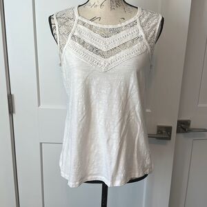 Adiva Cotton White Lace Top Boho Sleeveless Slub Blouse T-shirt L